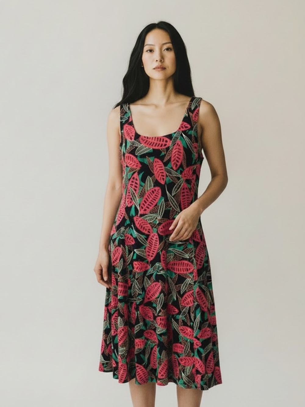 NIC+ZOE Colorful Canopy Leaf Print Sleeveless Midi Dress - Pink and Green, L